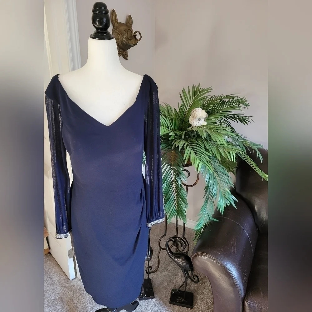 XSCAPE - SHEER LONG  SLEEVE DRESS-RHINESTONE CUFF